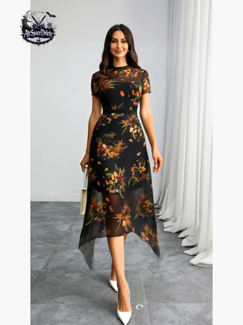 Floral Mesh Midi Dress, Double-Layered, A-Line, Short Sleeve, Gothic Style - Picture 7 of 7